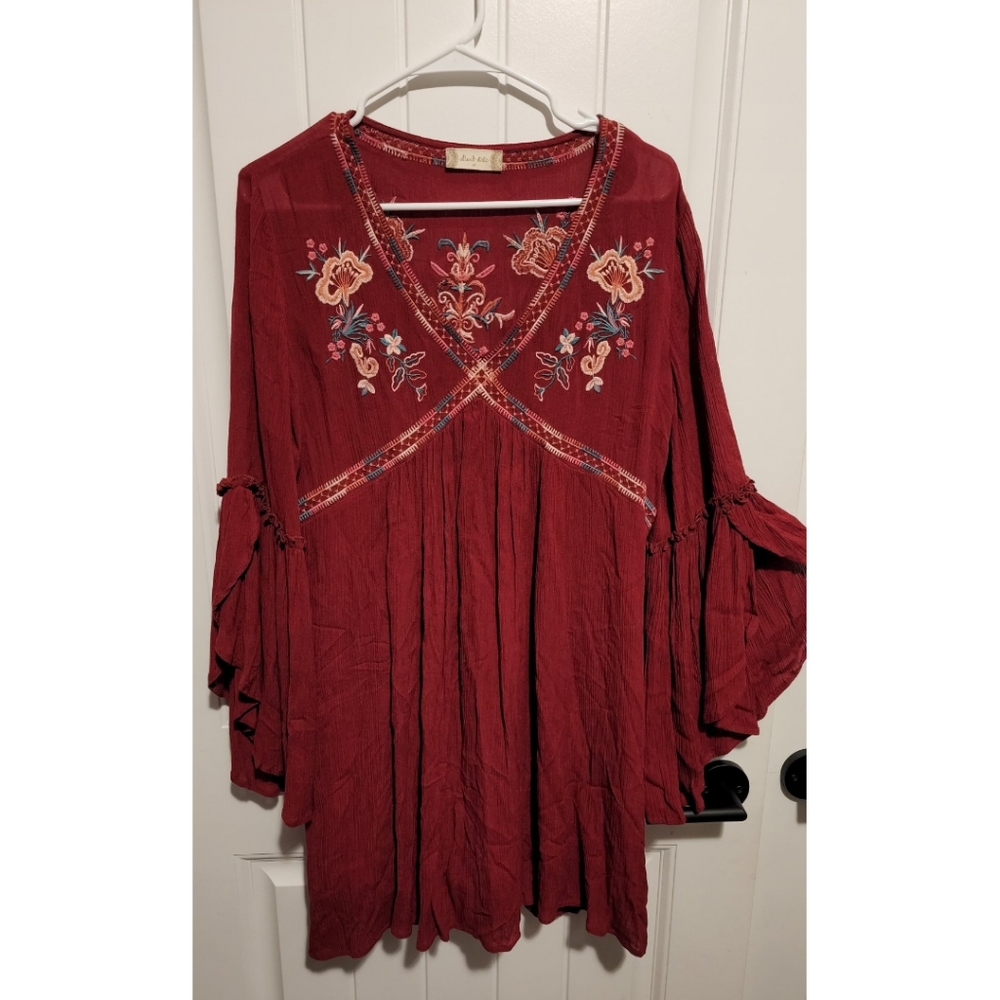 Altar'd State embroidered dress boho flowy large sleeves medium dark red rayon